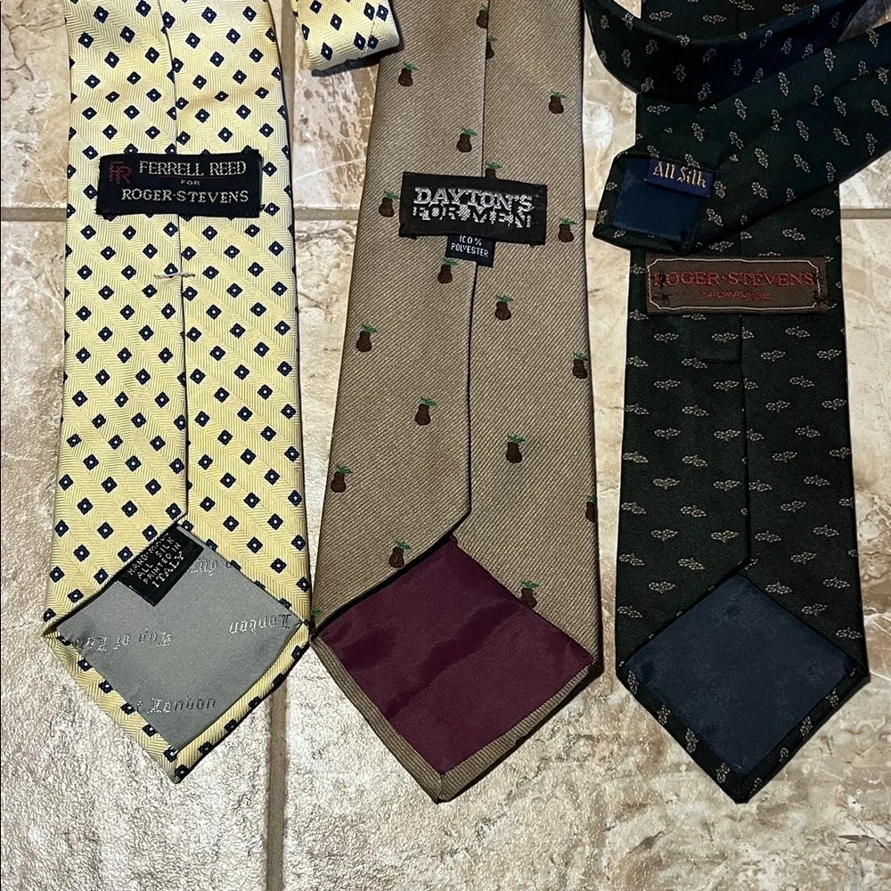 Earth Tones Vintage Men's Tie Bundle- Butter Yellow Pear Print & Charcoal Black